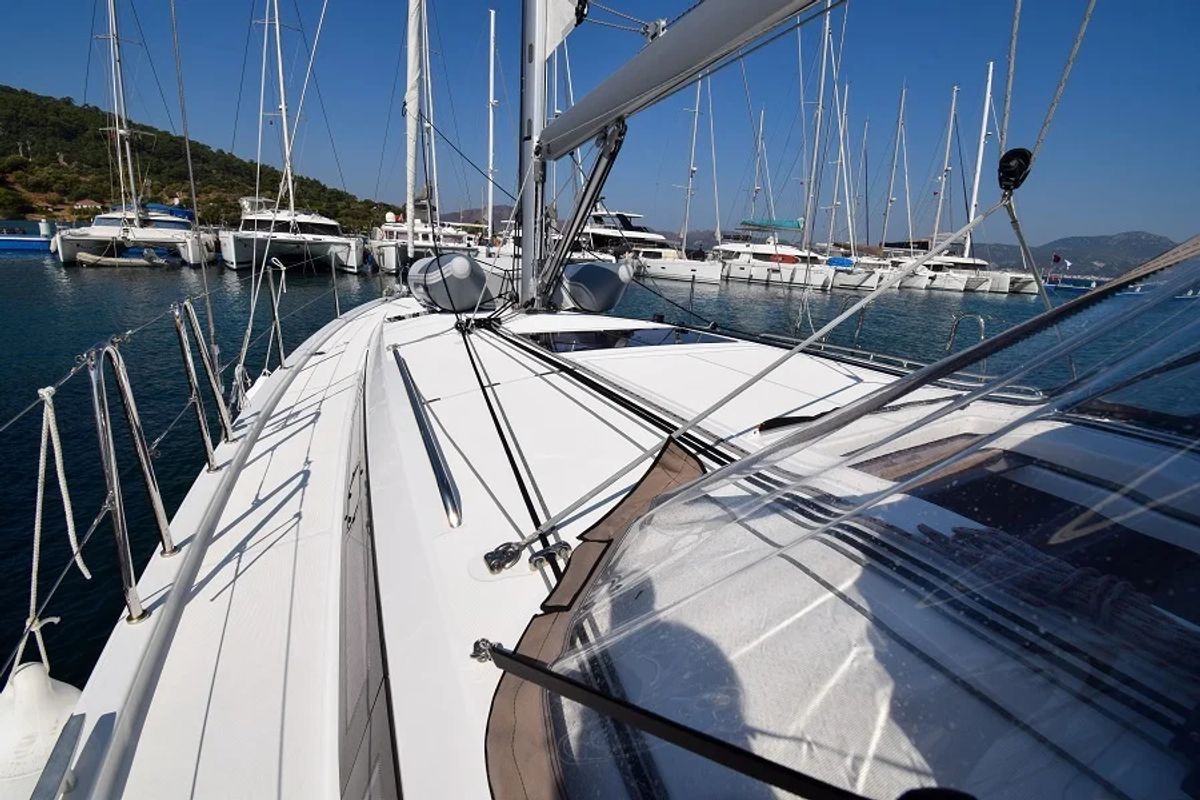 Deck of Sky Asya, a Jeanneau Sun Odyssey 410 sailboat at Marmaris, Turkey