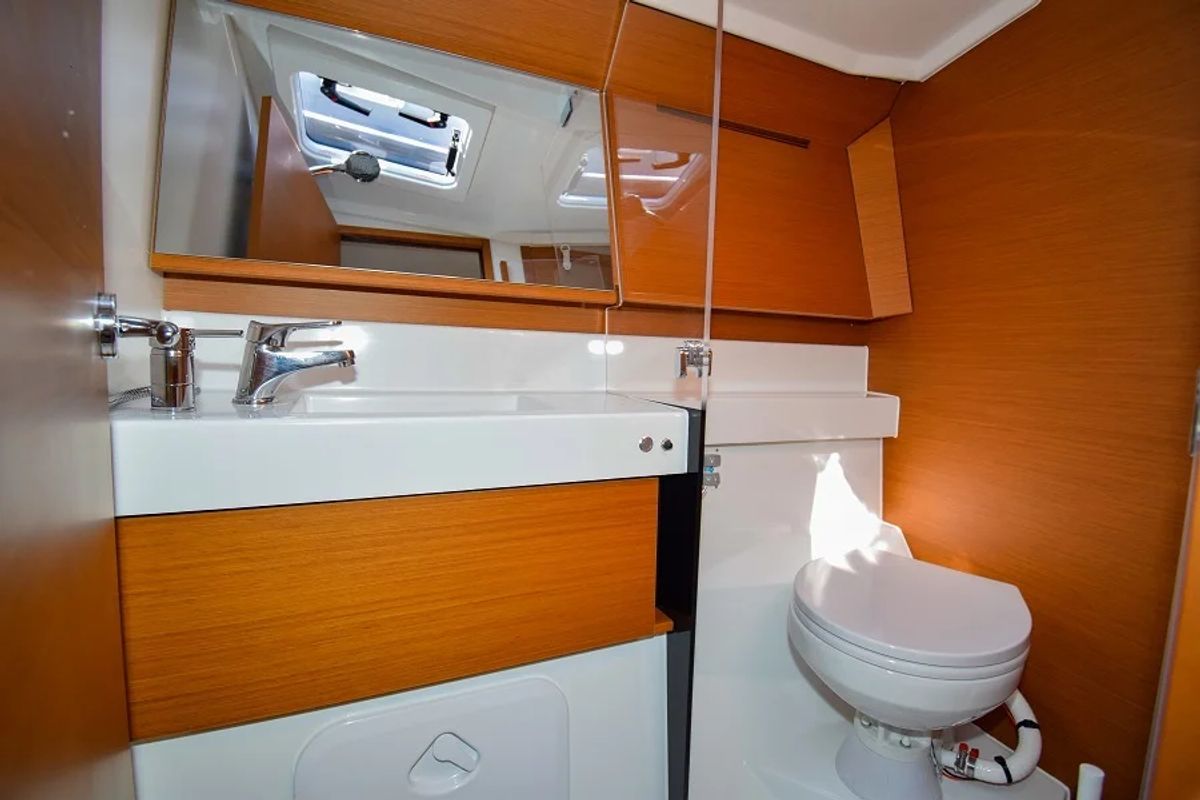 Head on Sky Asya, a Jeanneau Sun Odyssey 410 sailboat at Marmaris, Turkey