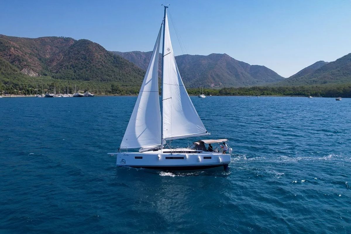 Exterior view of Sky Asya, a Jeanneau Sun Odyssey 410 sailboat at Marmaris, Turkey