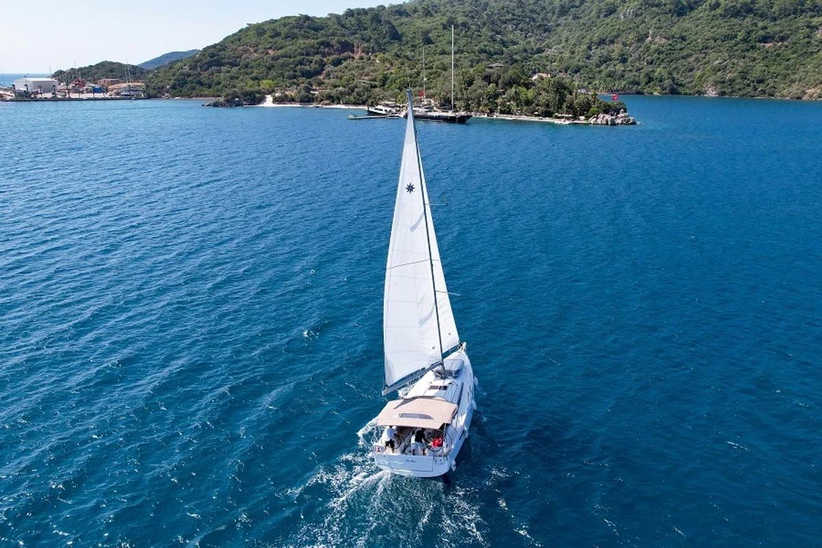 Exterior view of Sky Asya, a Jeanneau Sun Odyssey 410 sailboat at Marmaris, Turkey