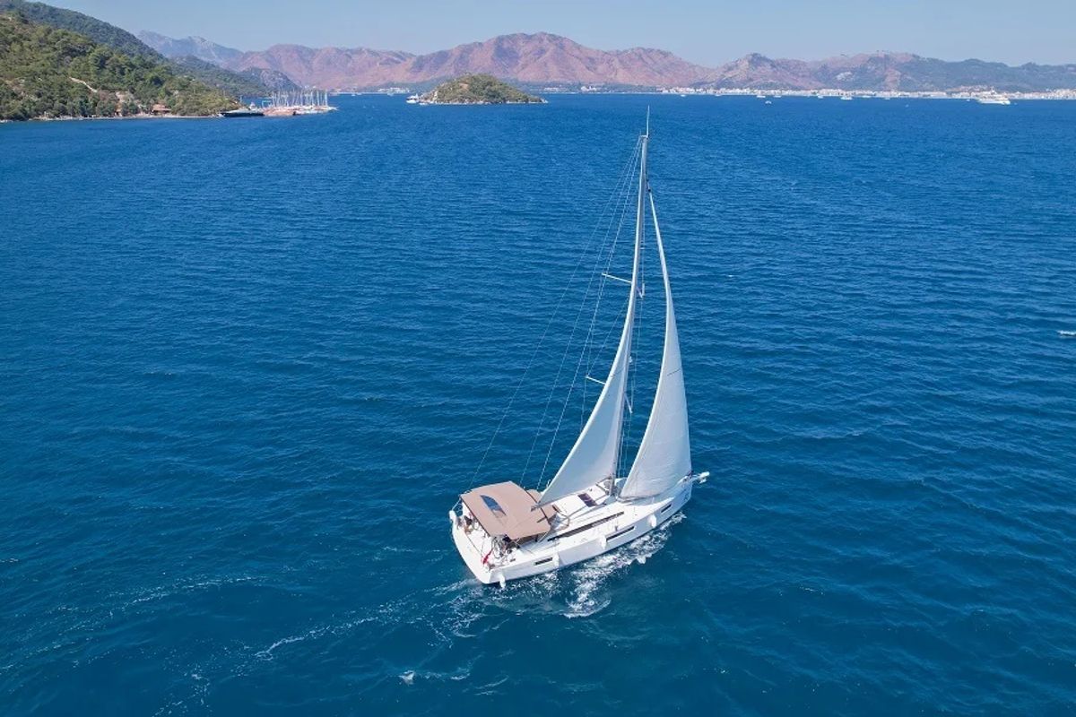 Exterior view of Sky Asya, a Jeanneau Sun Odyssey 410 sailboat at Marmaris, Turkey