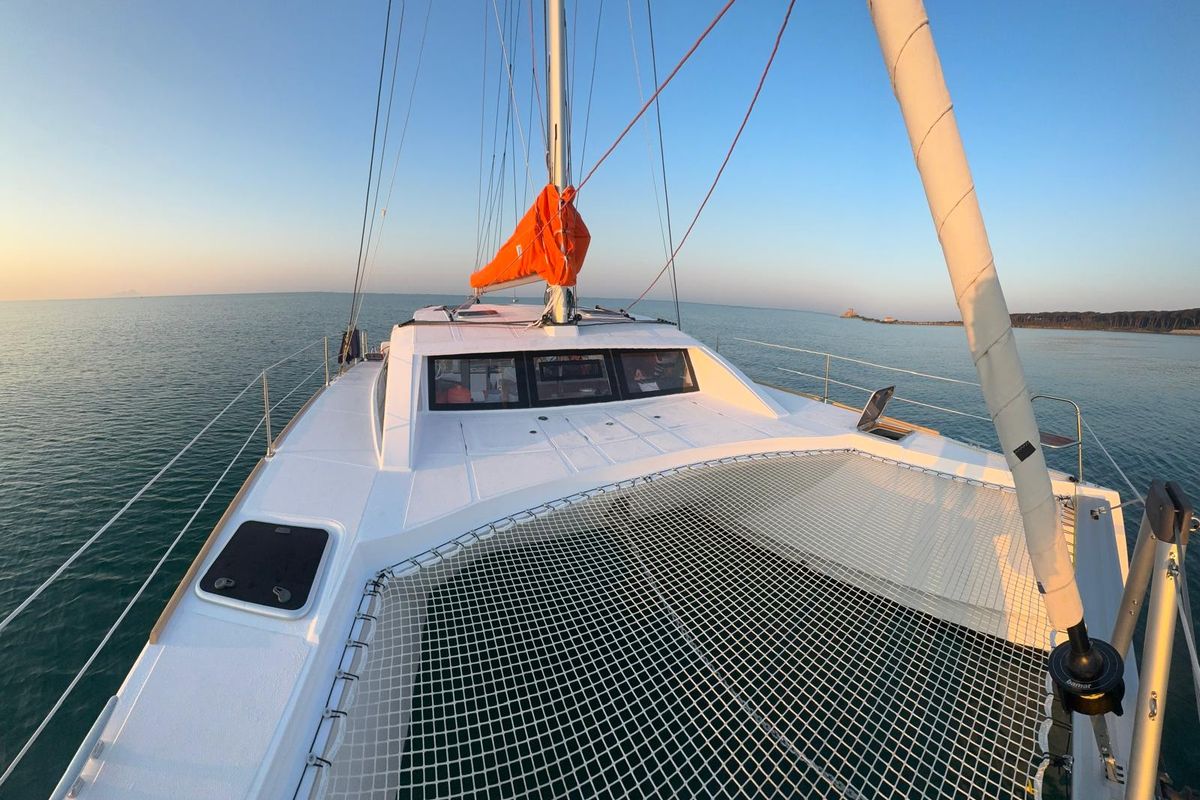Deck of Amuni', a Gulet C-CAT 37 catamaran at Capo d'Orlando, Italy
