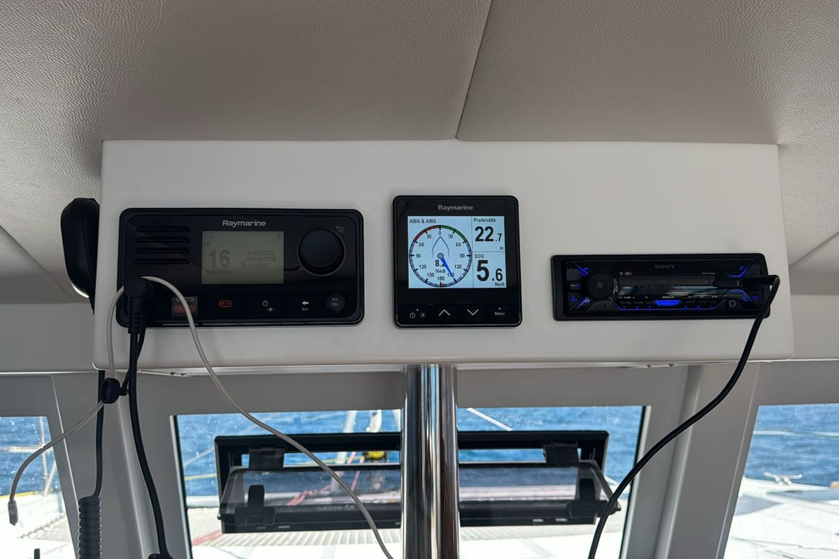 Cockpit of Amuni', a Gulet C-CAT 37 catamaran at Capo d'Orlando, Italy