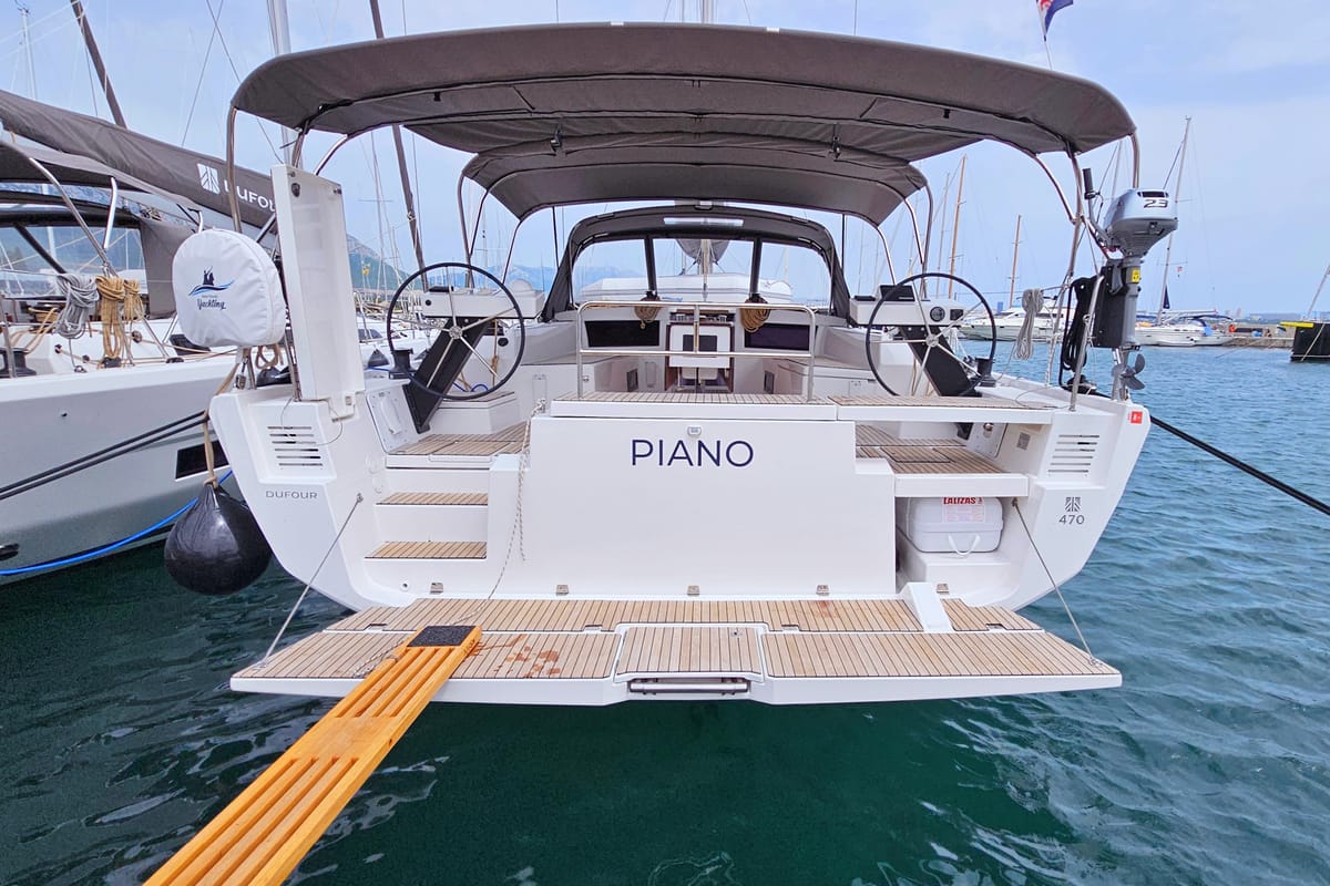 Exterior view of Piano, a Dufour 470 sailboat at Općina Rogoznica, Croatia