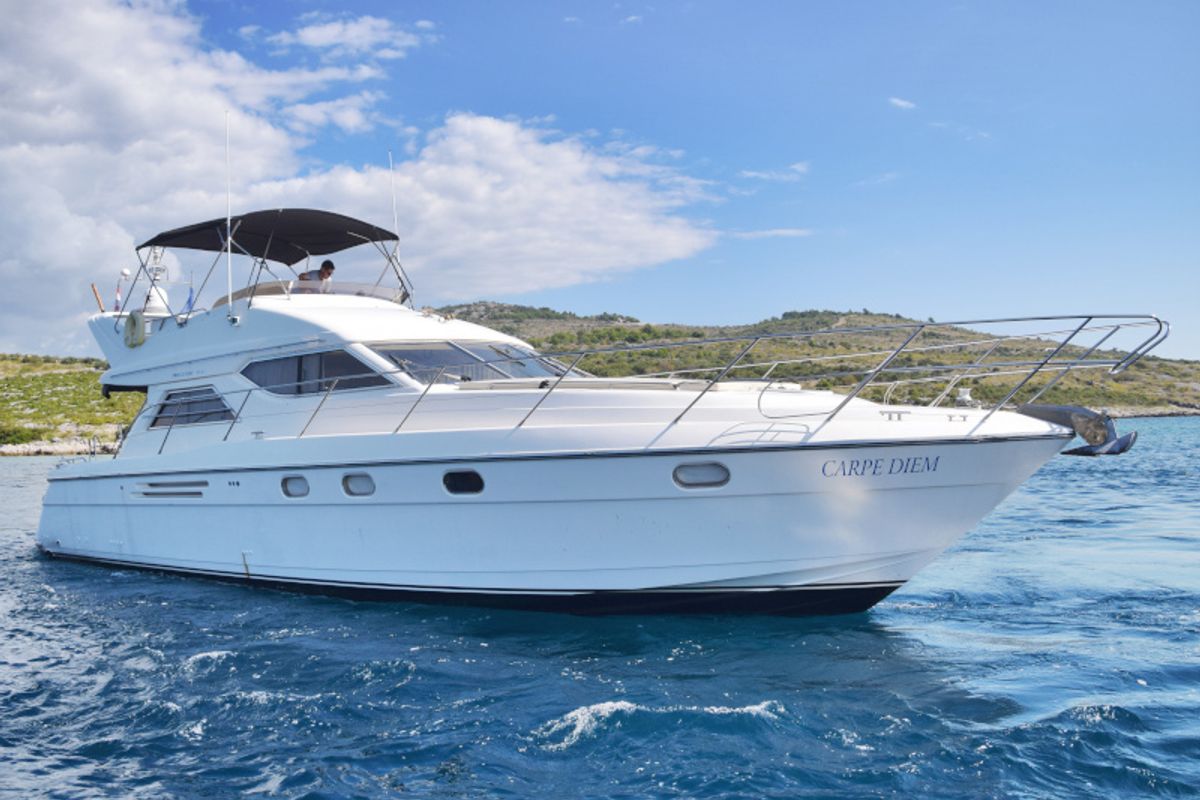 Exterior view of Carpe Diem, a Princess Yachts Princess 480 motorboat at Primošten, Croatia