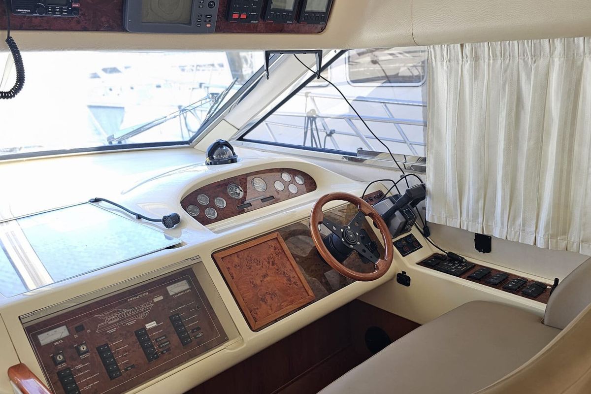 Cockpit of Carpe Diem, a Princess Yachts Princess 480 motorboat at Primošten, Croatia