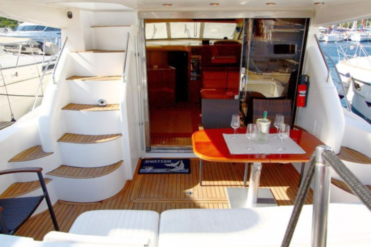 Deck of Carpe Diem, a Princess Yachts Princess 480 motorboat at Primošten, Croatia
