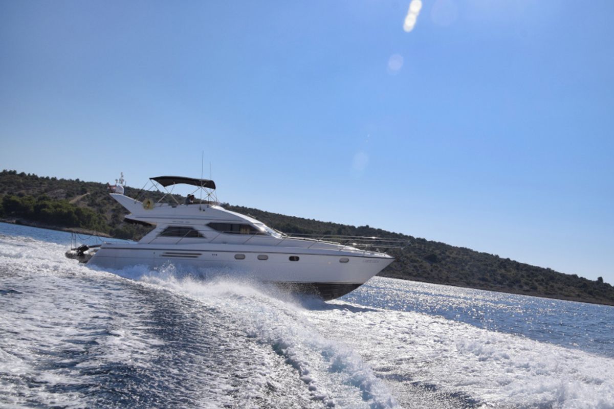 Exterior view of Carpe Diem, a Princess Yachts Princess 480 motorboat at Primošten, Croatia