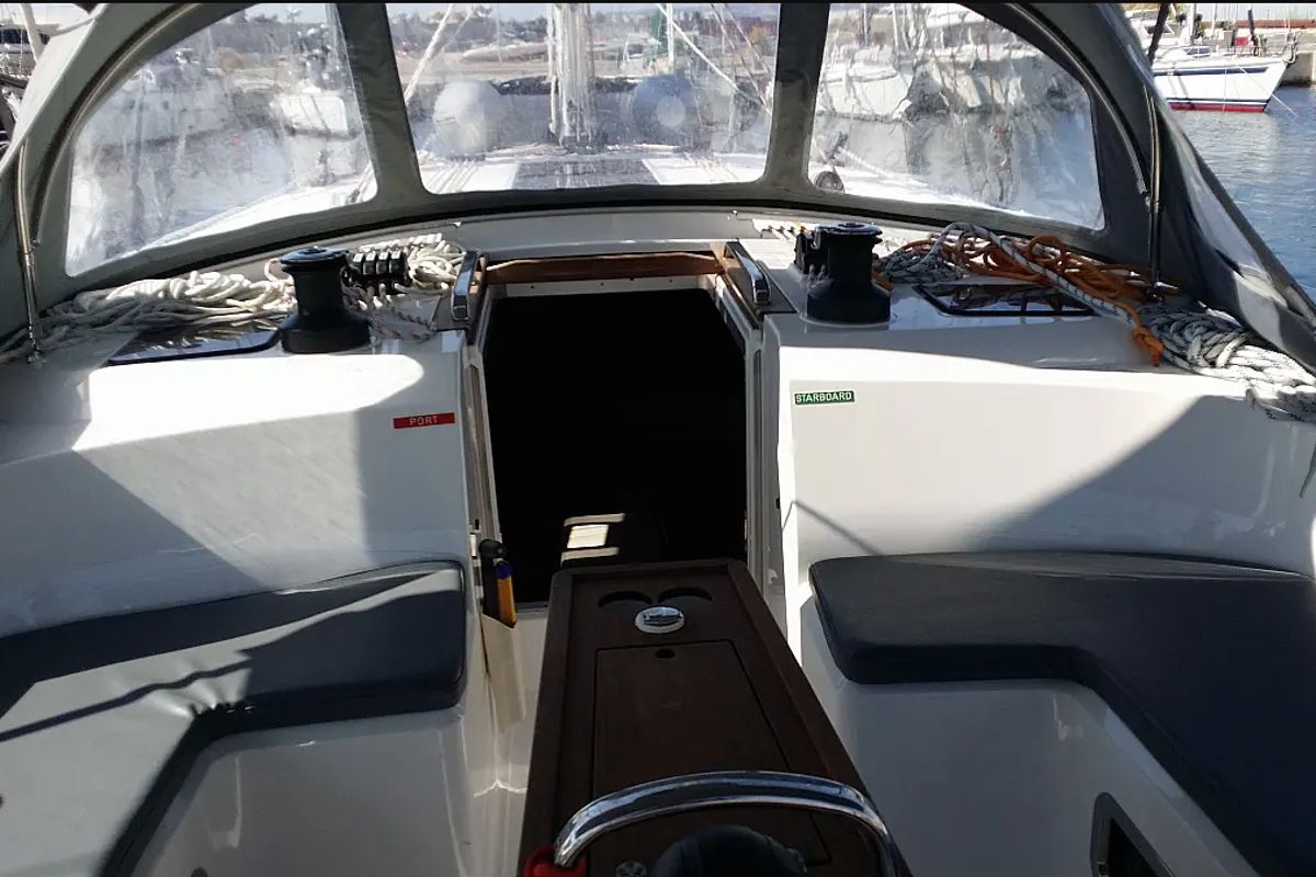 Cockpit of Soleado, a Bavaria Cruiser 51 sailboat at Municipal Unit of Nea Peramos, Greece