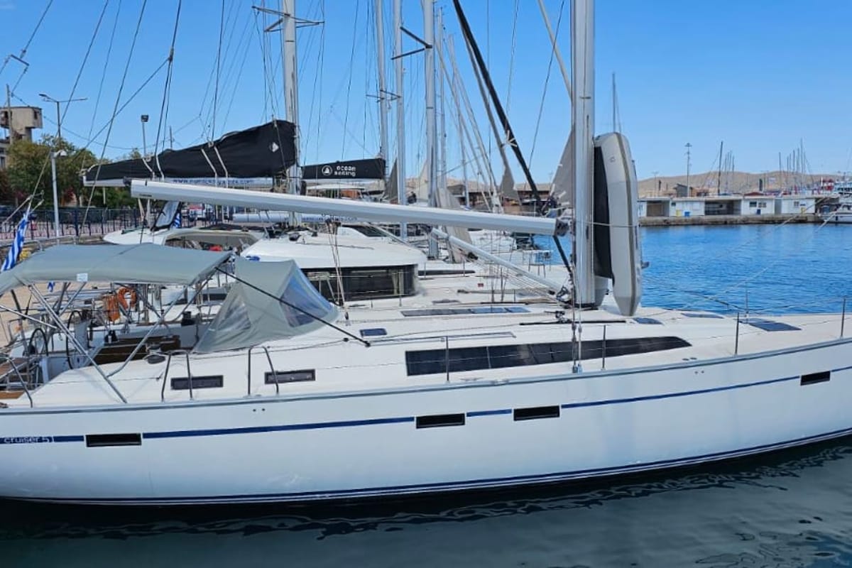 Exterior view of Soleado, a Bavaria Cruiser 51 sailboat at Municipal Unit of Nea Peramos, Greece
