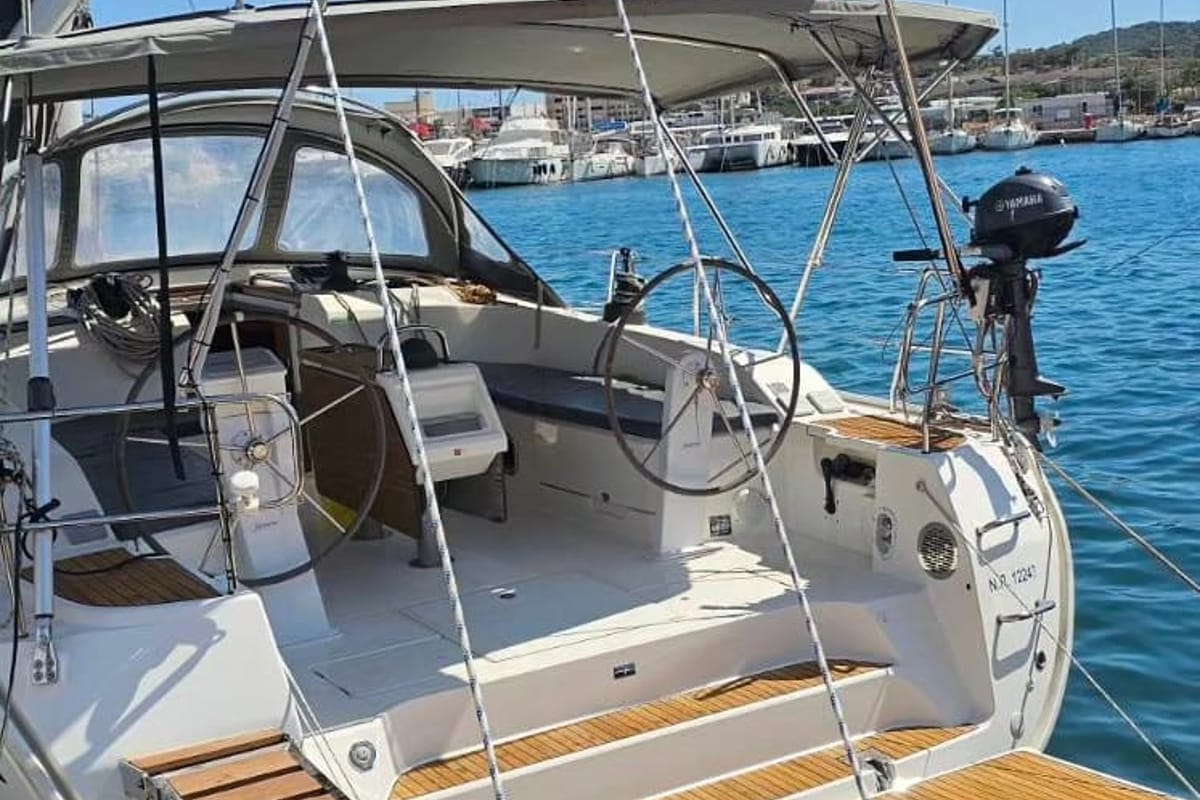 Cockpit of Soleado, a Bavaria Cruiser 51 sailboat at Municipal Unit of Nea Peramos, Greece
