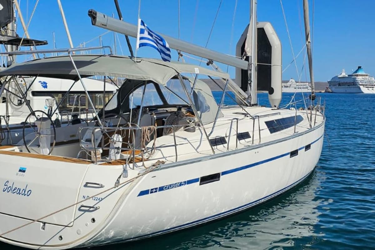 Exterior view of Soleado, a Bavaria Cruiser 51 sailboat at Municipal Unit of Nea Peramos, Greece