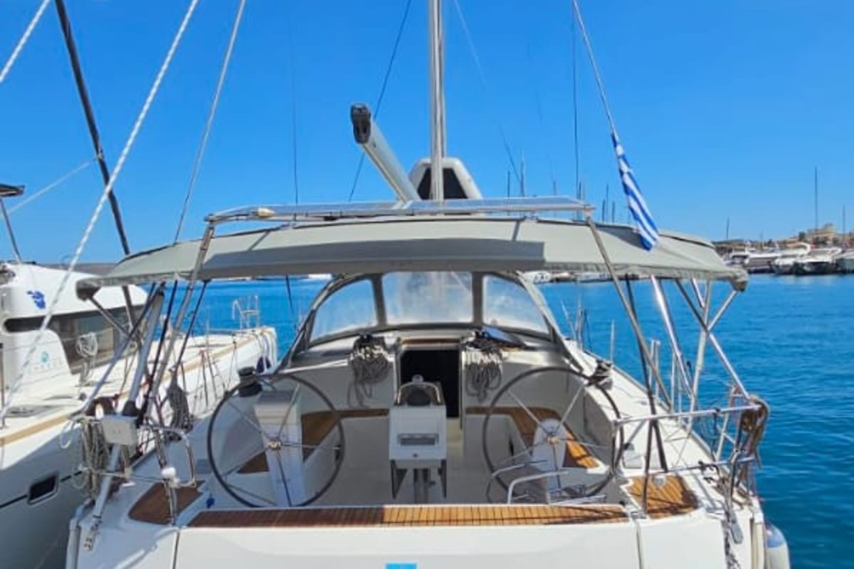 Exterior view of Soleado, a Bavaria Cruiser 51 sailboat at Municipal Unit of Nea Peramos, Greece