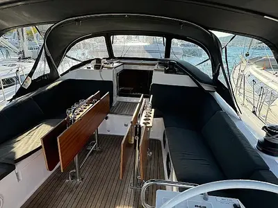 Cockpit of Long Island, a Elan Impression 50.1 sailboat at Seget Donji, Croatia