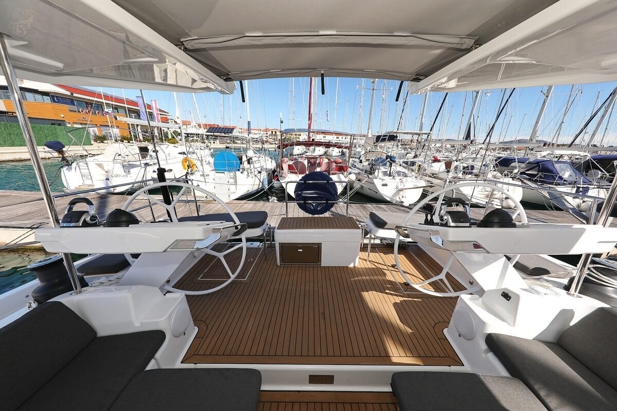 Deck of Constanta, a Hanse Yachts Hanse 588 sailboat at Pirovac, Croatia