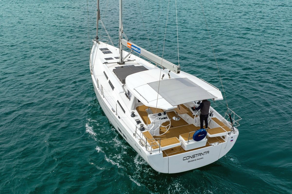 Exterior view of Constanta, a Hanse Yachts Hanse 588 sailboat at Pirovac, Croatia