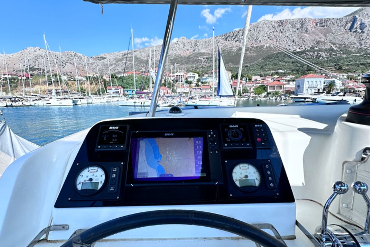 Cockpit of Sea novels, a Lagoon 42 catamaran at Municipal Unit of Palairos, Greece