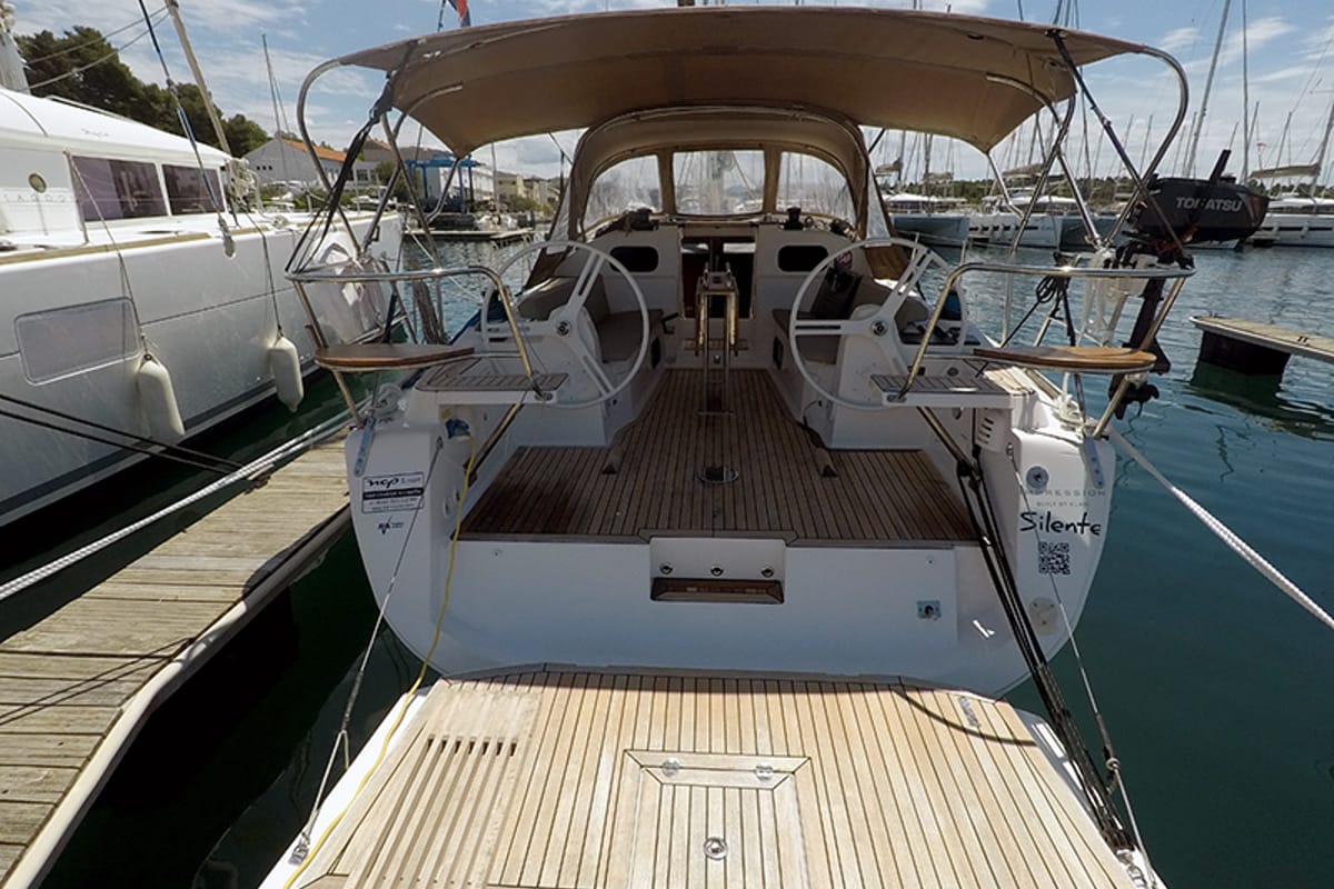 Exterior view of Silente, a Elan Impression 40 sailboat at Grad Šibenik, Croatia