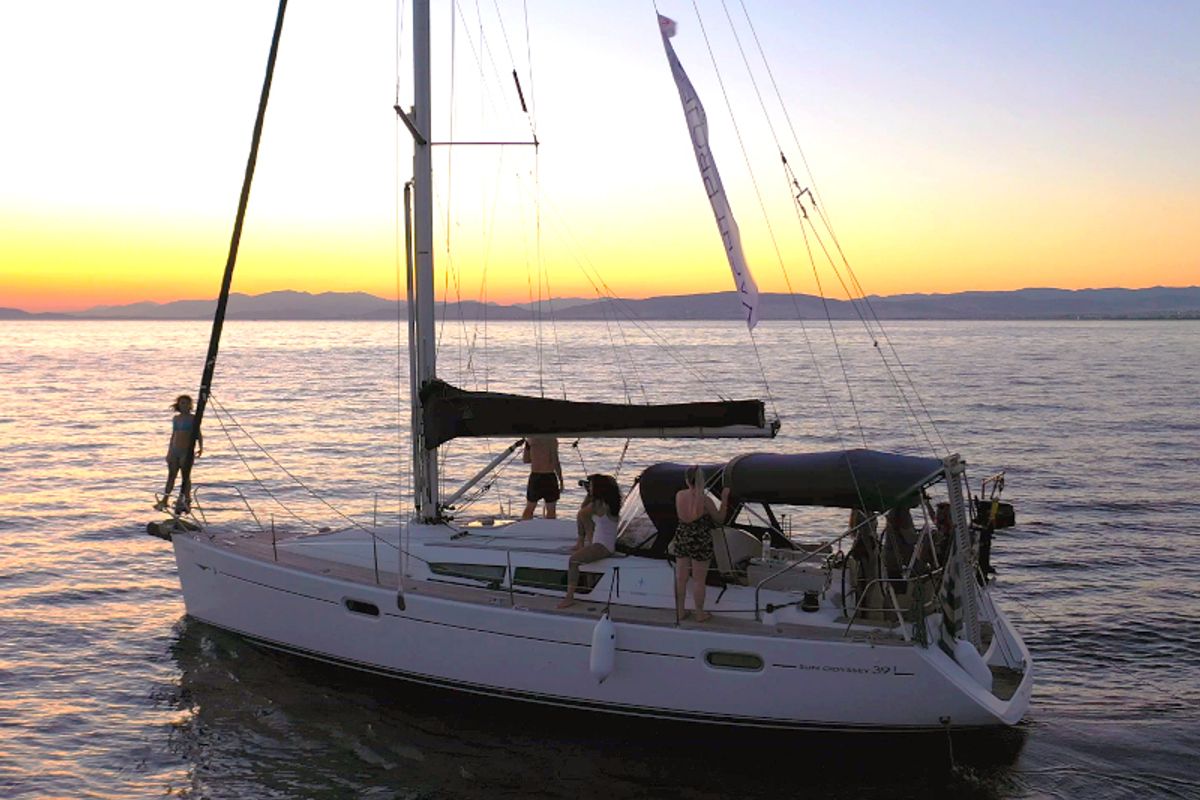 Exterior view of Bookie Too, a Jeanneau Sun Odyssey 39i sailboat at Salamina Municipal Unit, Greece