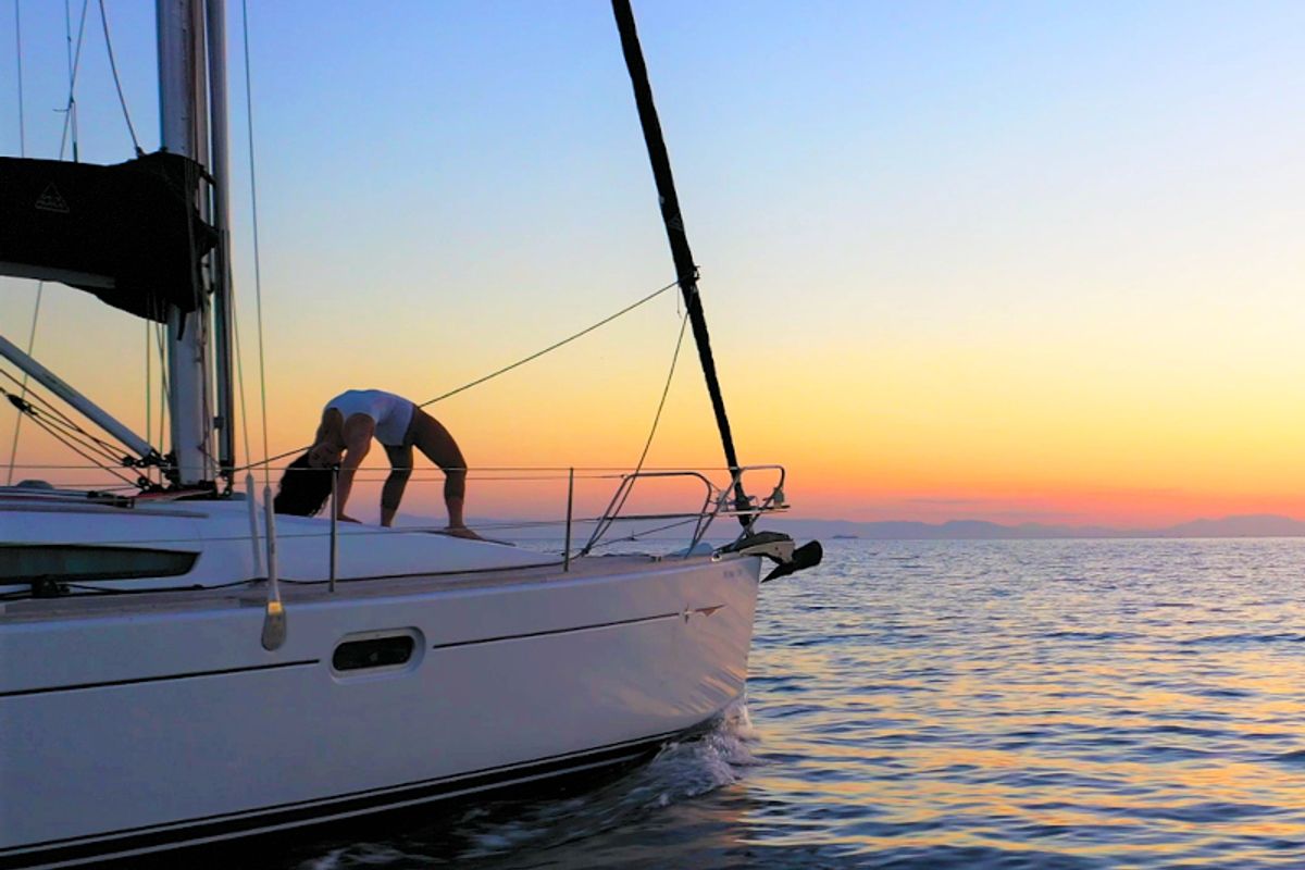 Exterior view of Bookie Too, a Jeanneau Sun Odyssey 39i sailboat at Salamina Municipal Unit, Greece