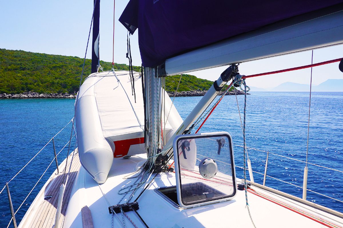 Deck of Bookie Too, a Jeanneau Sun Odyssey 39i sailboat at Salamina Municipal Unit, Greece
