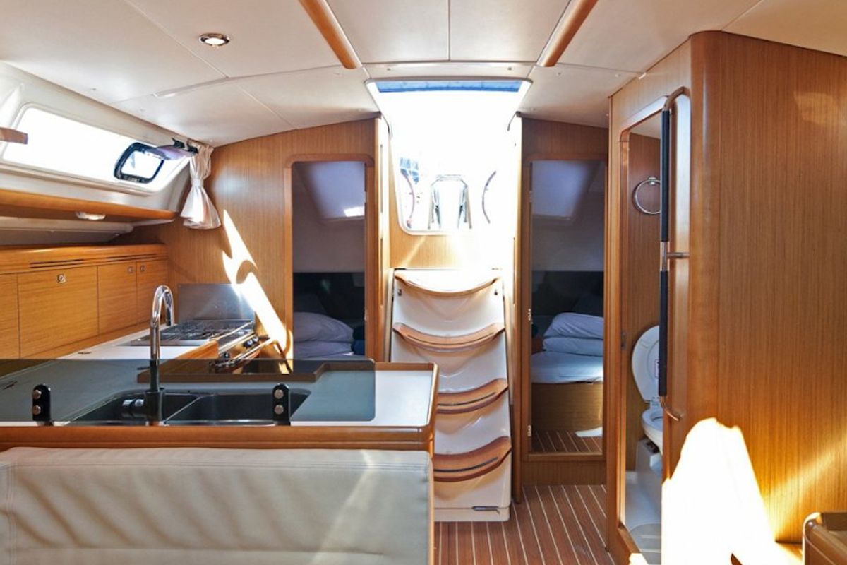 Salon of Bookie Too, a Jeanneau Sun Odyssey 39i sailboat at Salamina Municipal Unit, Greece
