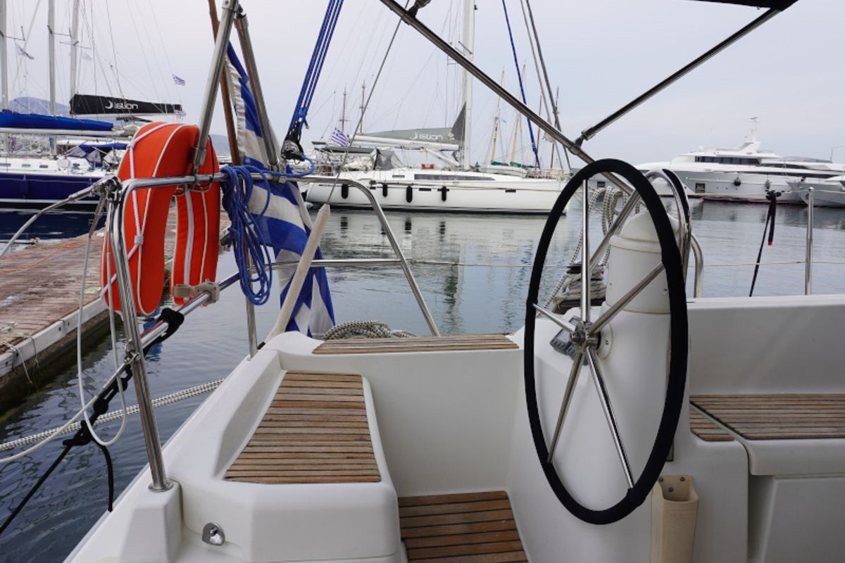 Cockpit of Bookie Too, a Jeanneau Sun Odyssey 39i sailboat at Salamina Municipal Unit, Greece