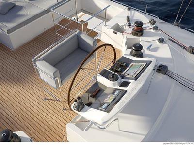 Cockpit of Daddy’s Hobby, a Lagoon 560 catamaran at Lavreotiki Municipal Unit, Greece