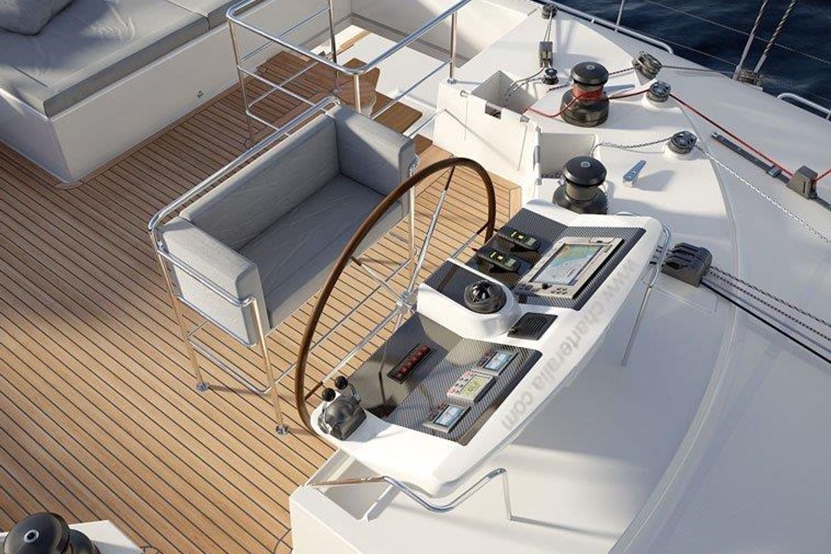 Cockpit of Daddy’s Hobby, a Lagoon 560 catamaran at Lavreotiki Municipal Unit, Greece