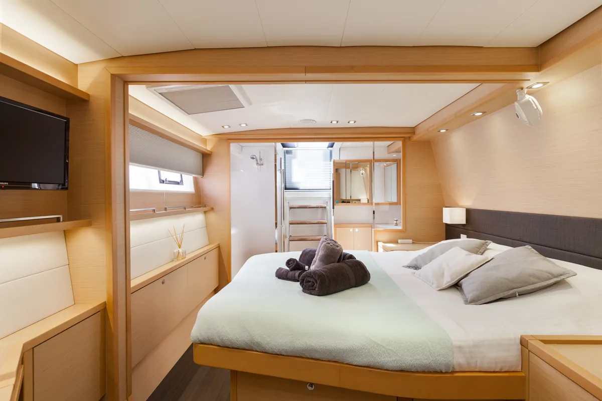 Cabin on Daddy’s Hobby, a Lagoon 560 catamaran at Lavreotiki Municipal Unit, Greece