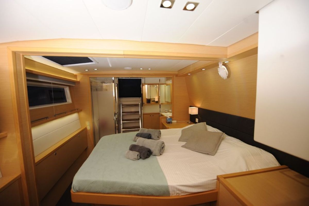 Cabin on Daddy’s Hobby, a Lagoon 560 catamaran at Lavreotiki Municipal Unit, Greece