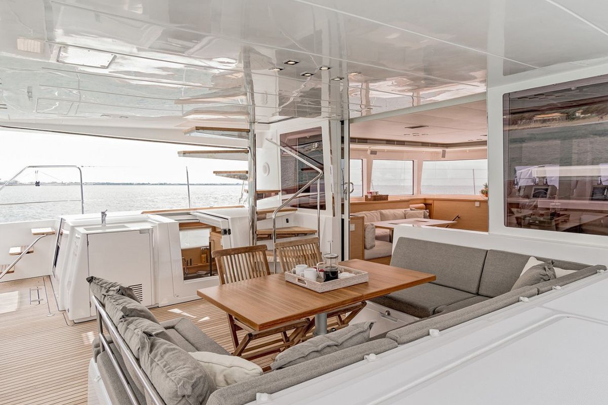 Deck of Daddy’s Hobby, a Lagoon 560 catamaran at Lavreotiki Municipal Unit, Greece