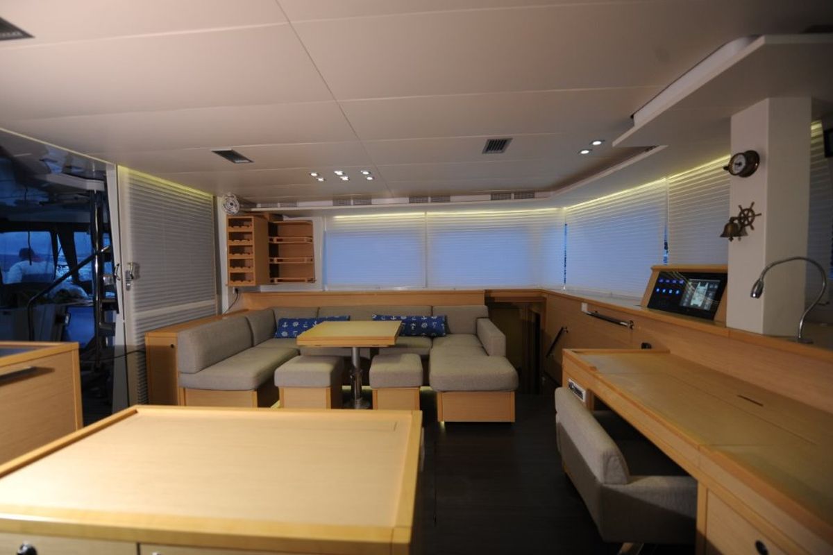 Salon of Daddy’s Hobby, a Lagoon 560 catamaran at Lavreotiki Municipal Unit, Greece