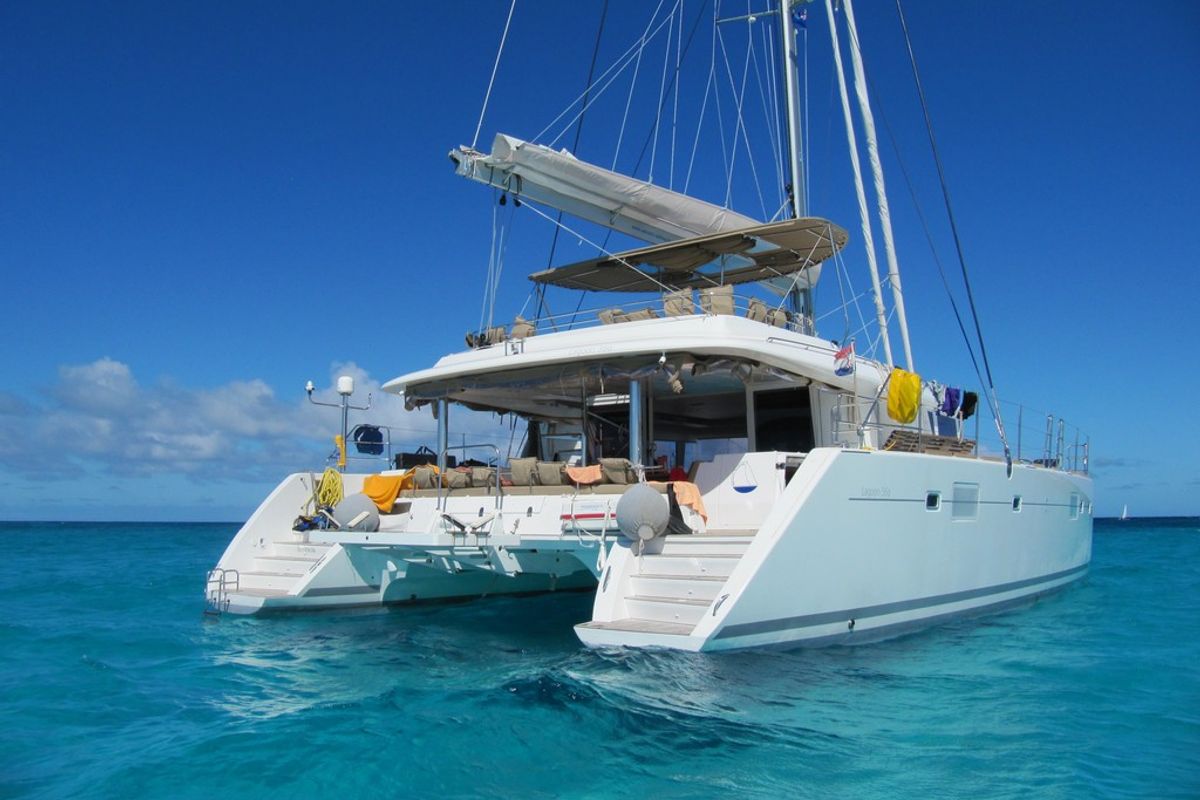 Exterior view of Daddy’s Hobby, a Lagoon 560 catamaran at Lavreotiki Municipal Unit, Greece