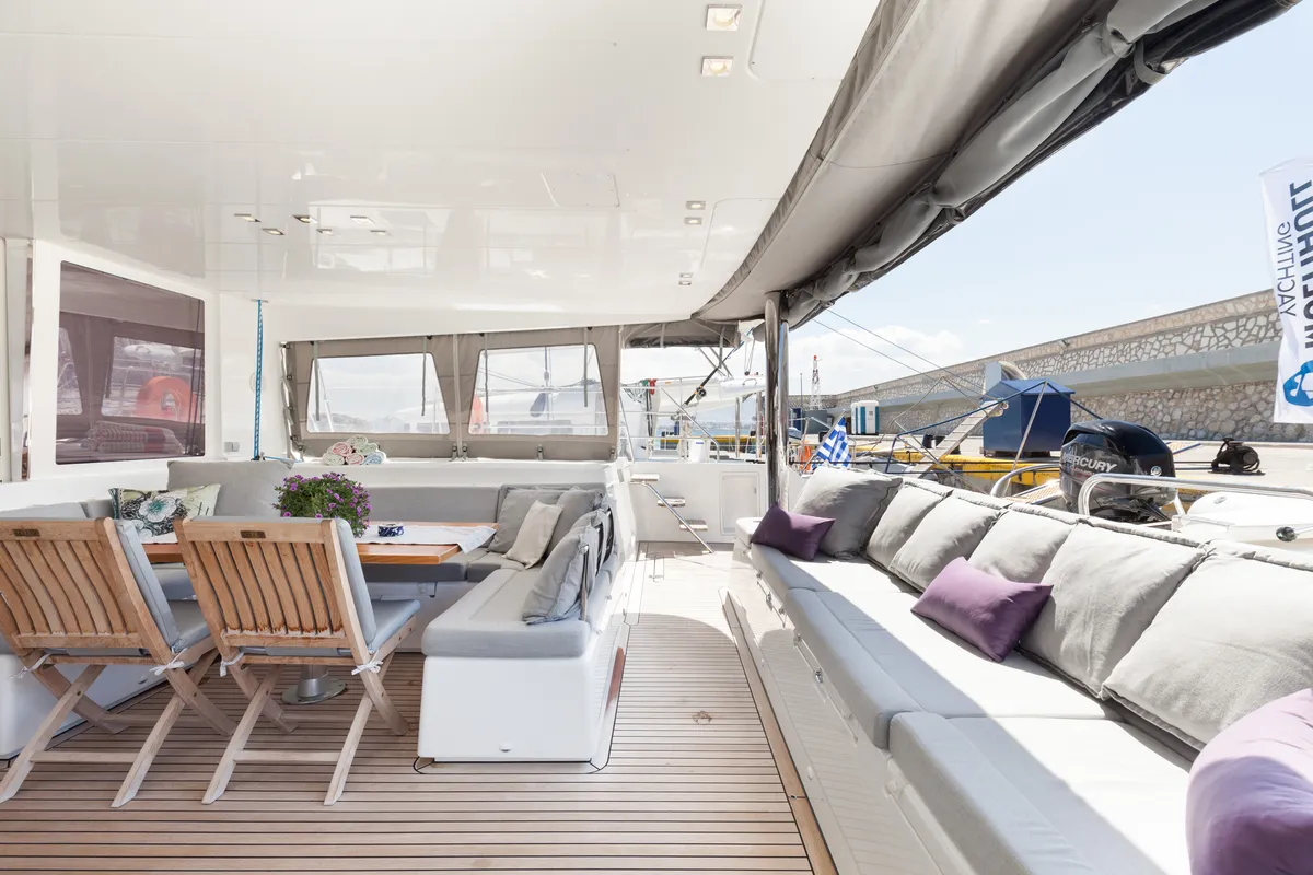 Deck of Daddy’s Hobby, a Lagoon 560 catamaran at Lavreotiki Municipal Unit, Greece