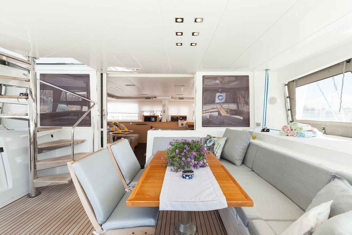 Deck of Daddy’s Hobby, a Lagoon 560 catamaran at Lavreotiki Municipal Unit, Greece