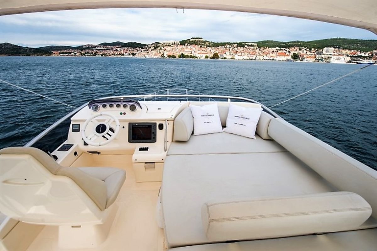 Cockpit of Skyfall MY, a Azimut 47 motorboat at Grad Šibenik, Croatia