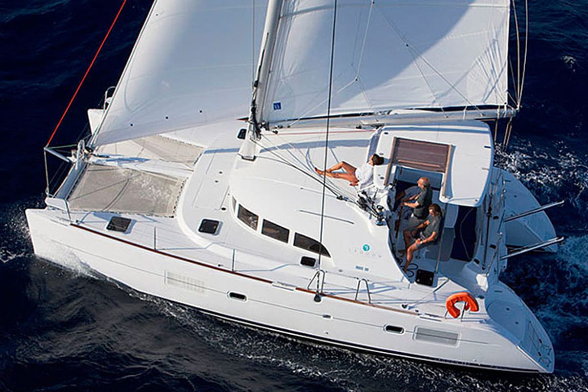 Exterior view of AF-LAG380, a Lagoon 380 catamaran at Municipal Unit of Lefkada, Greece