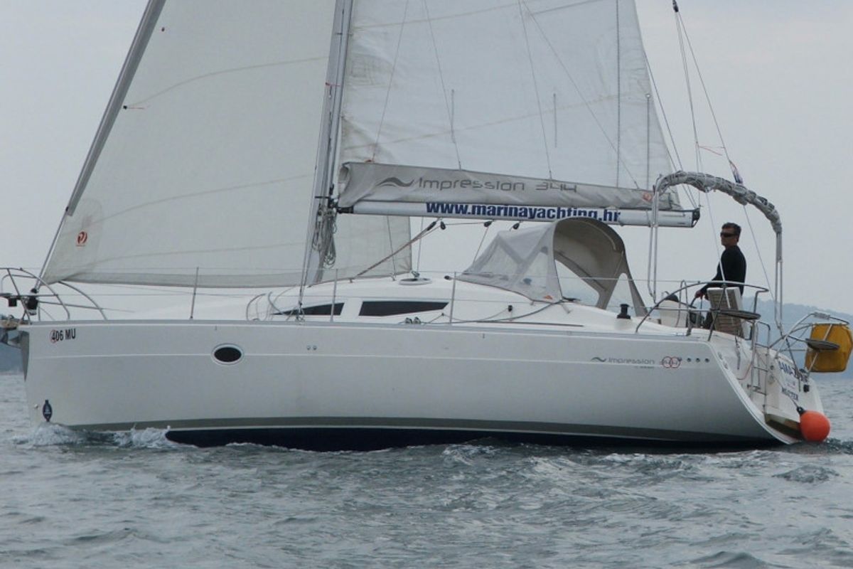 Exterior view of Amazone, a Elan Impression 344 sailboat at Betina, Croatia