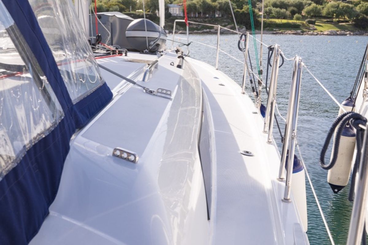 Deck of Maverick, a Beneteau Oceanis 40.1 sailboat at Olbia, Italy