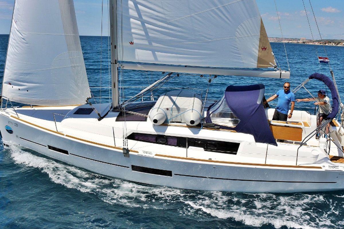 Exterior view of AF-D382(III), a Dufour 382 Grand Large sailboat at Athens, Greece