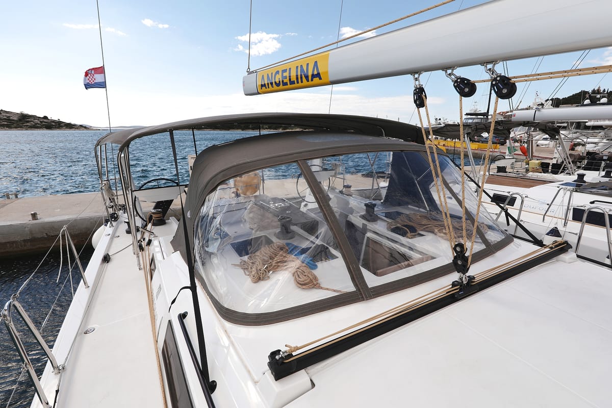 Cockpit of Shore Thing, a Dufour 470 sailboat at Grad Biograd na Moru, Croatia