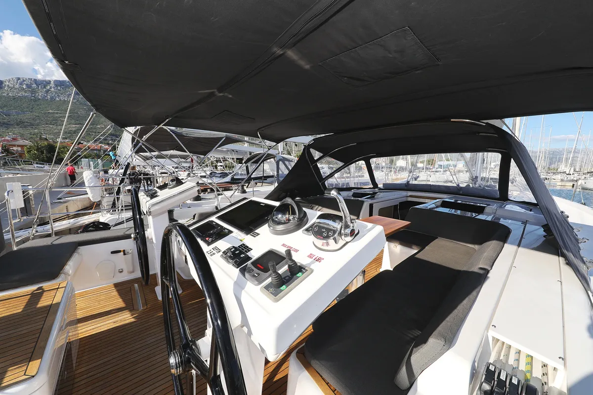 Cockpit of Simply The Best, a Hanse Yachts Hanse 548 sailboat at Grad Kaštela, Croatia