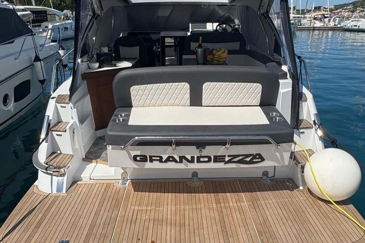 Deck of OTTI, a Grandezza 34 OC motorboat at Grad Trogir, Croatia