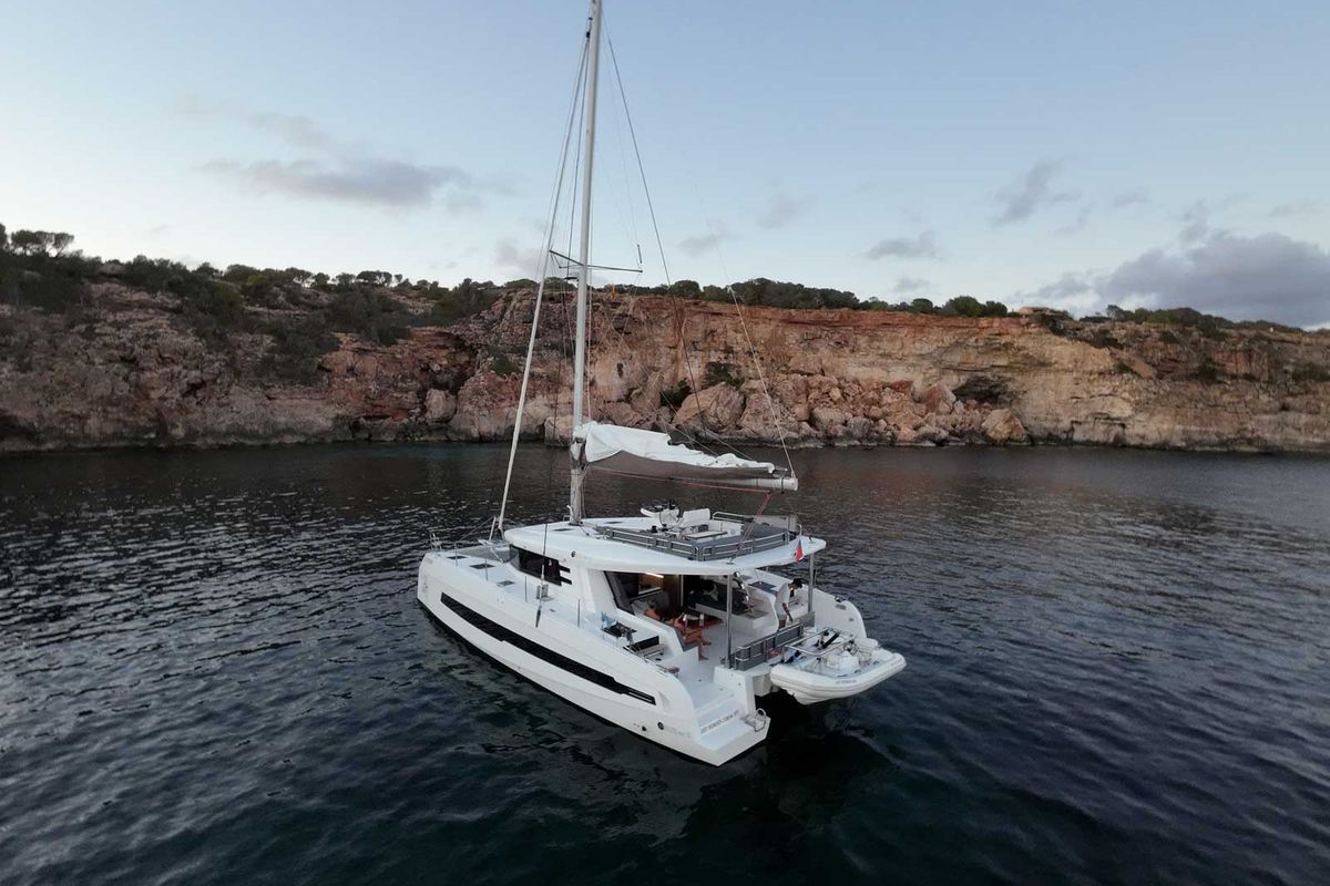 Exterior view of Just Wonder, a Dufour Cervetti 44 catamaran at Lagos, Portugal
