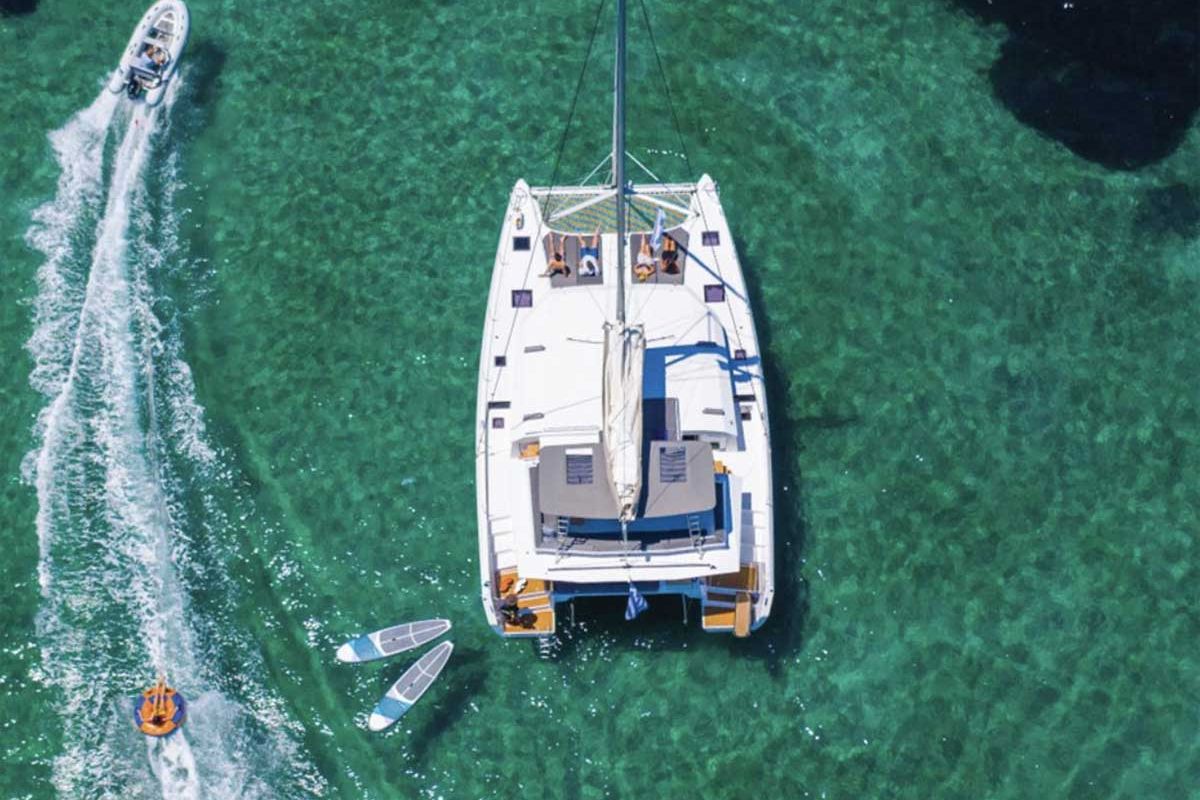 Exterior view of Just Wonder, a Dufour Cervetti 44 catamaran at Lagos, Portugal