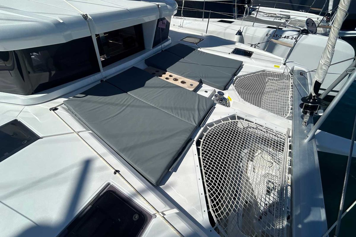 Deck of Just Wonder, a Dufour Cervetti 44 catamaran at Lagos, Portugal