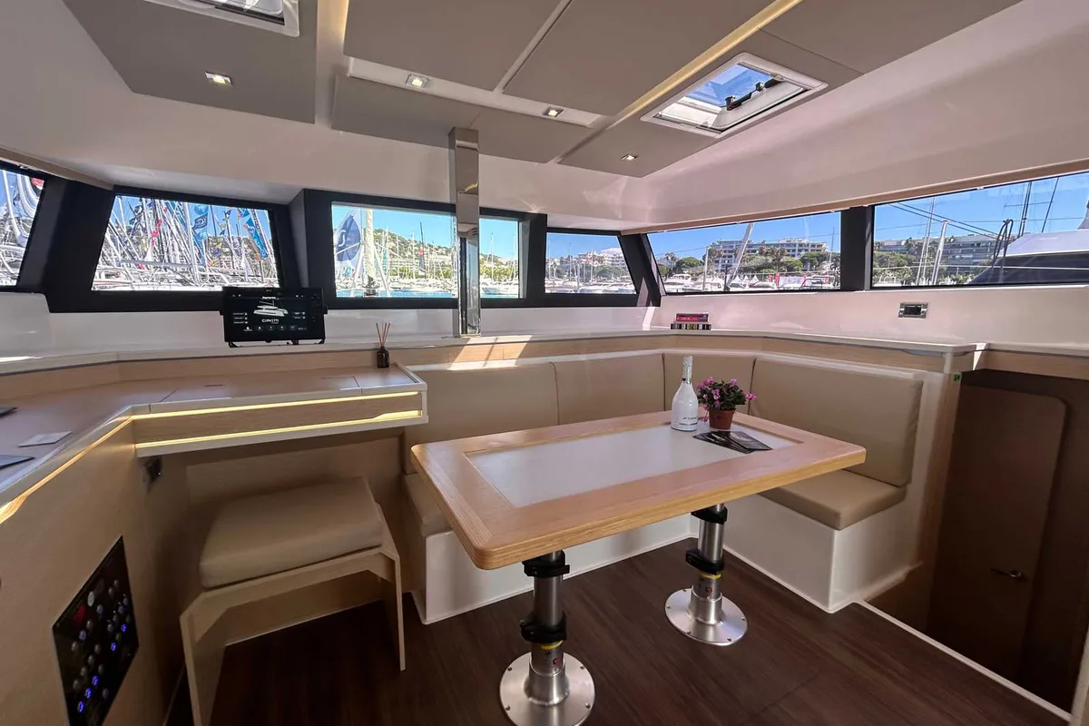 Salon of Just Wonder, a Dufour Cervetti 44 catamaran at Lagos, Portugal