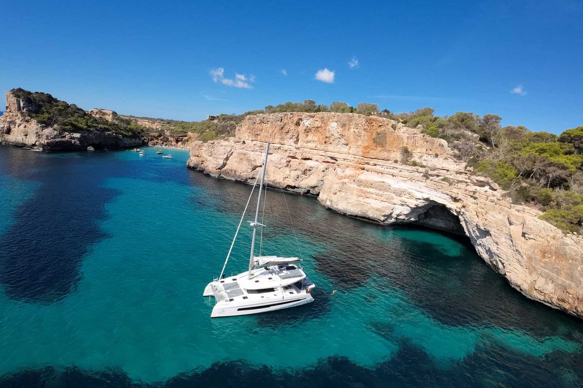 Exterior view of Just Wonder, a Dufour Cervetti 44 catamaran at Lagos, Portugal