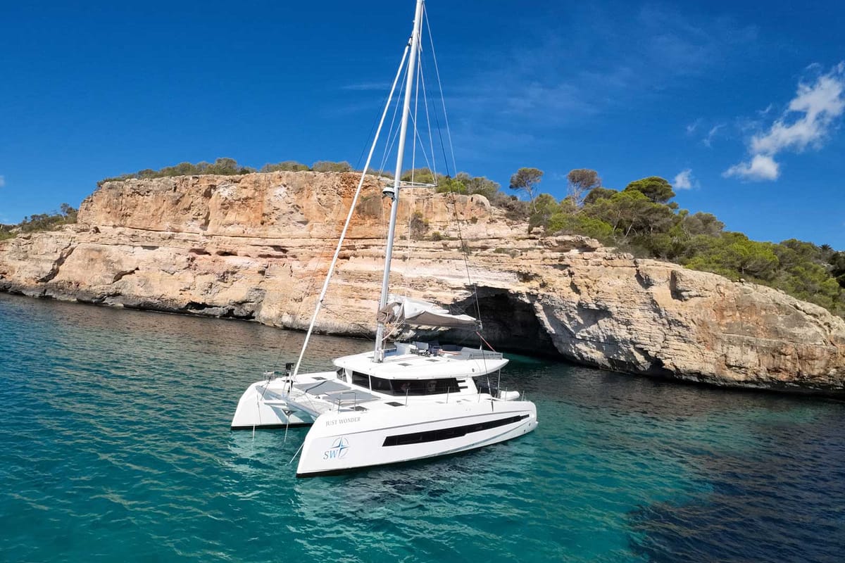 Exterior view of Just Wonder, a Dufour Cervetti 44 catamaran at Lagos, Portugal